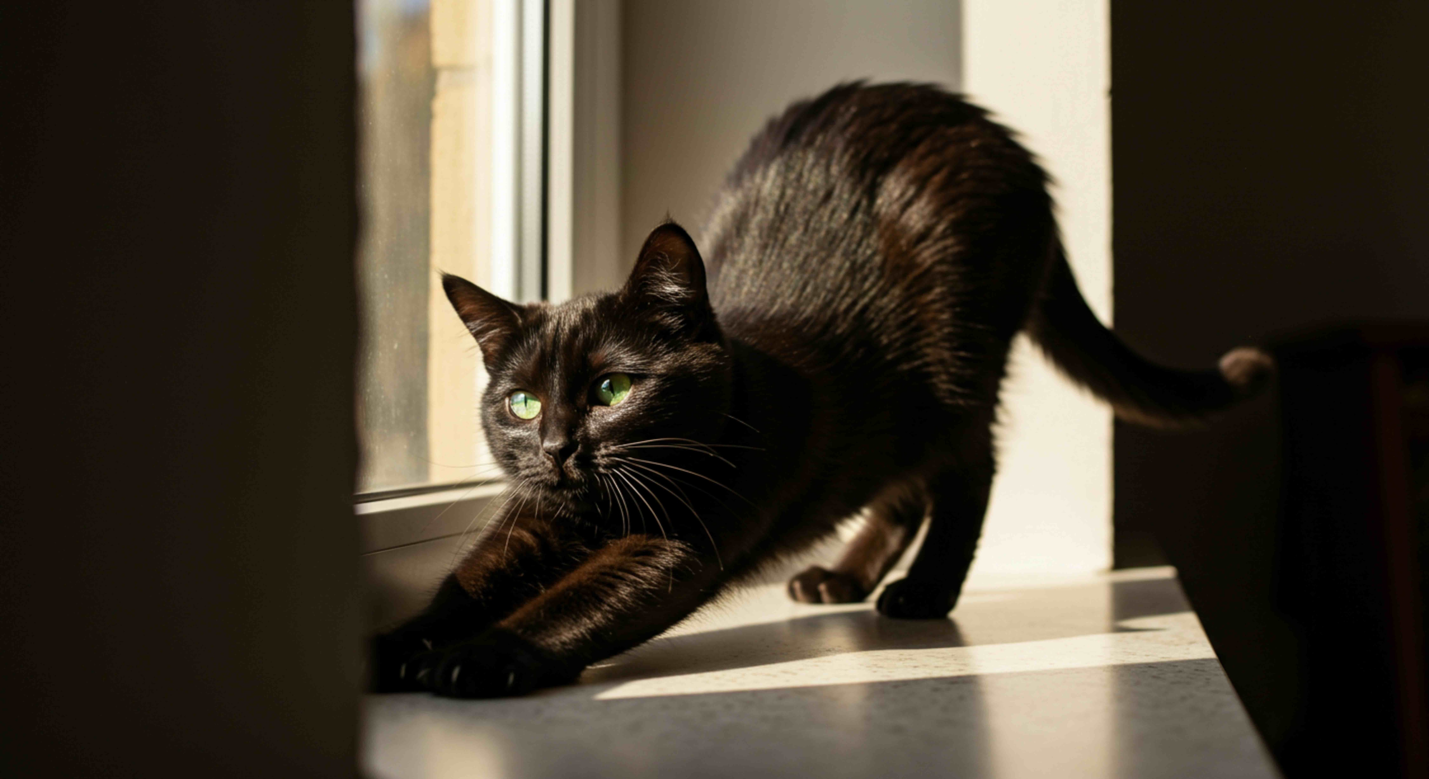 a black cat sitting on a windowsill stretches in a sun beam